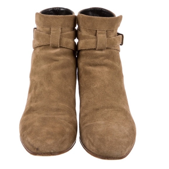 SAINT LAURENT Suede Ankle Strap Boots Size US 7.5 / 37.5 Neutral Tan - Picture 1 of 5